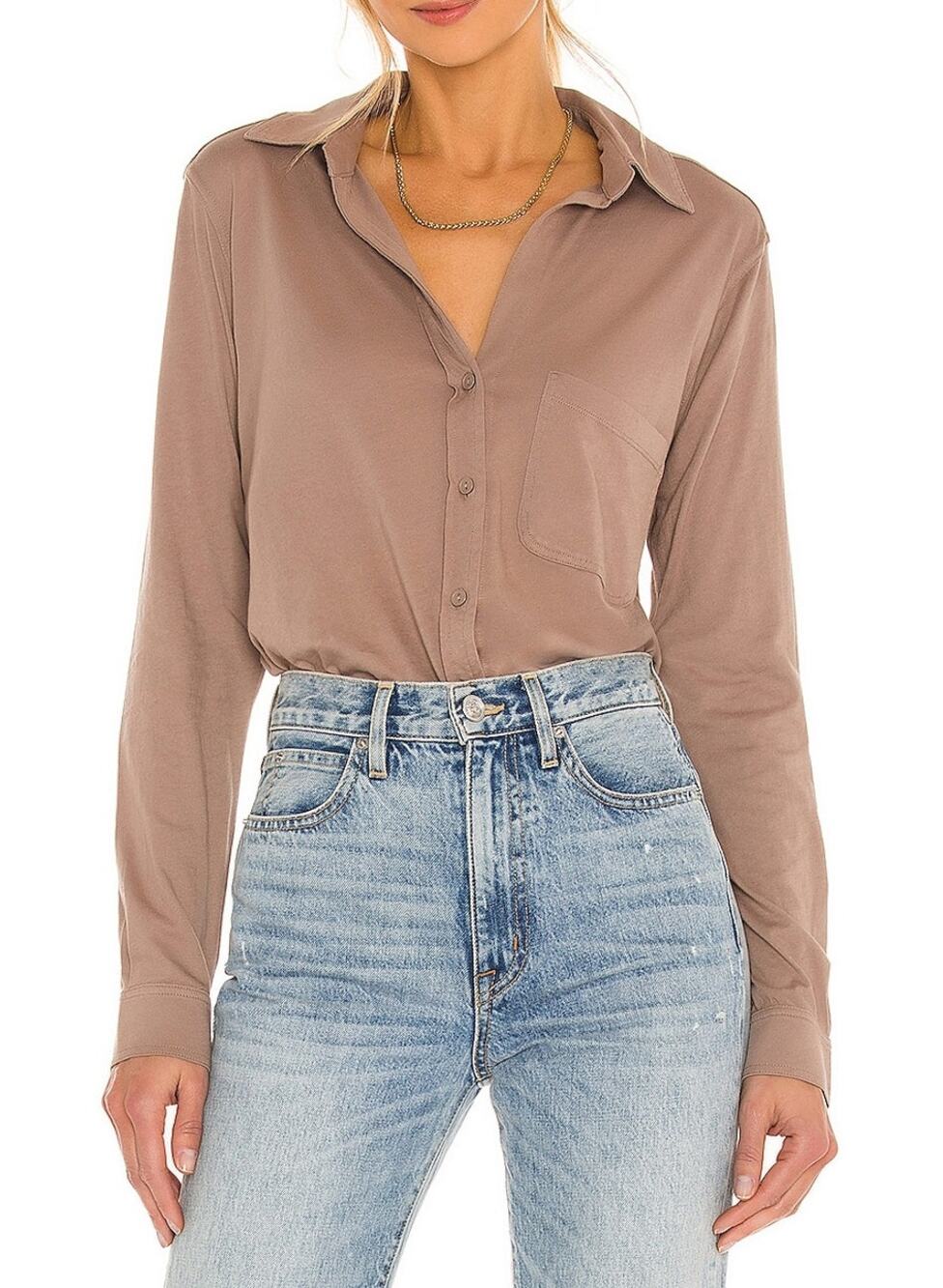 Bobi Lightweight Tan Jersey Button Up Shirt Size XS